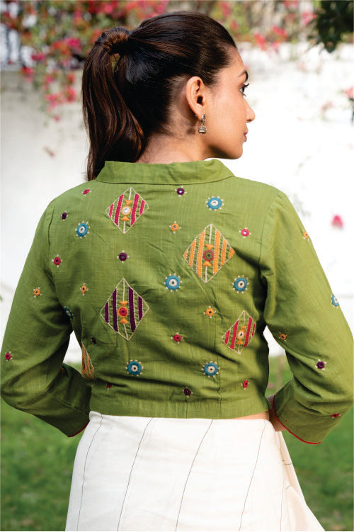 Paheli Green Shirt-Collar Cotton Blouse With Pakka Hand Embroidery