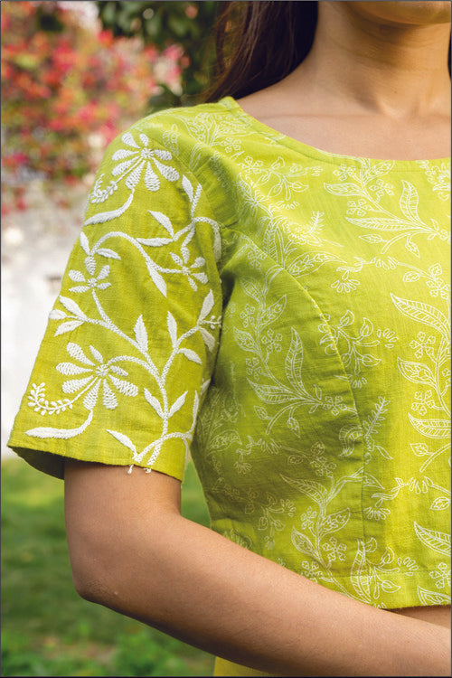 Rangsutra Suhani Lime Princess Cotton Blouse With Chikankari Hand Embroidery