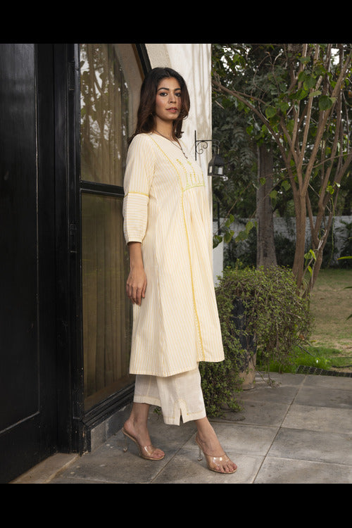 Rangsutra Suhani Cream Striped Cotton Kurta With Soof Hand Embroidery