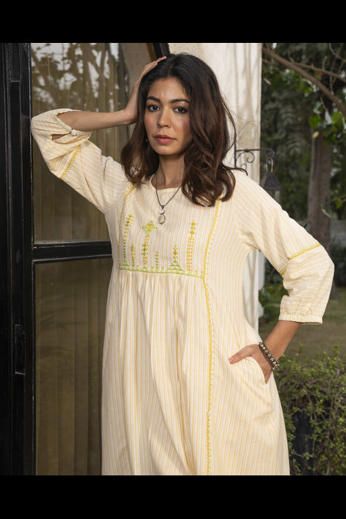 Rangsutra Suhani Cream Striped Cotton Kurta With Soof Hand Embroidery