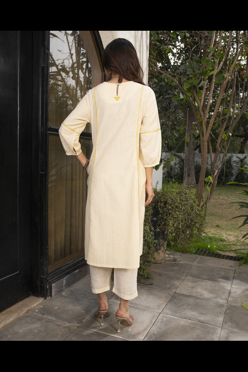 Rangsutra Suhani Cream Striped Cotton Kurta With Soof Hand Embroidery