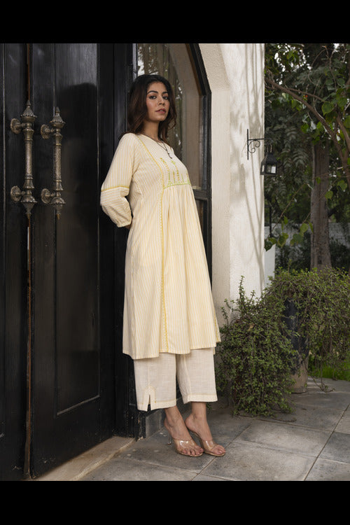 Rangsutra Suhani Cream Striped Cotton Kurta With Soof Hand Embroidery