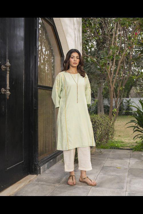 Rangsutra Suhani Mint A-Line Cotton Kurta With Soof Hand Embroidery