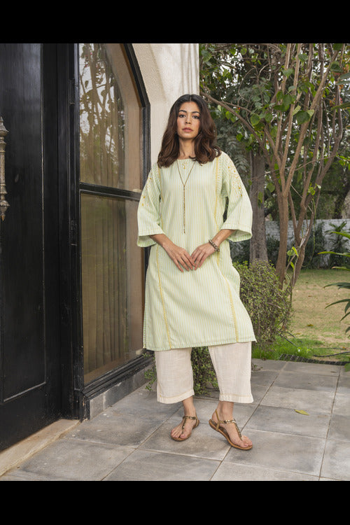 Rangsutra Suhani Mint A-Line Cotton Kurta With Soof Hand Embroidery