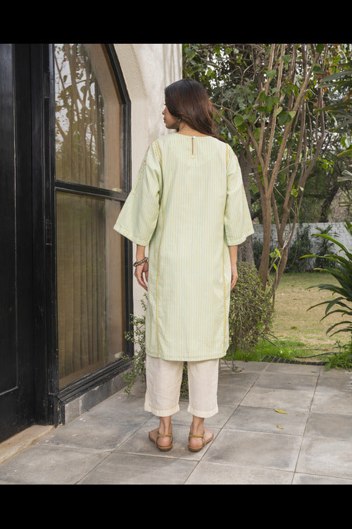 Rangsutra Suhani Mint A-Line Cotton Kurta With Soof Hand Embroidery