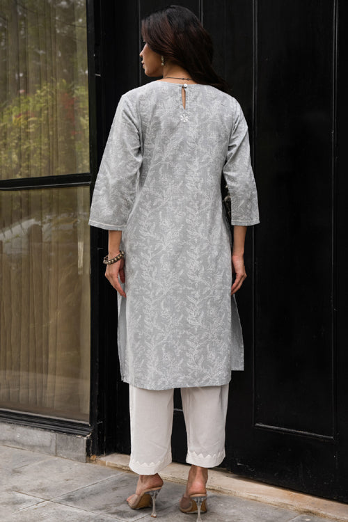 Rangsutra Suhani Grey A-line Cotton Kurta With Chikankari Hand Embroidery