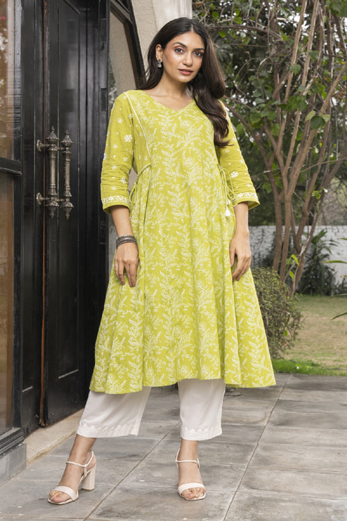 Rangsutra Suhani Lime Kalidar Cotton Kurta With Chikankari Hand Embroidery