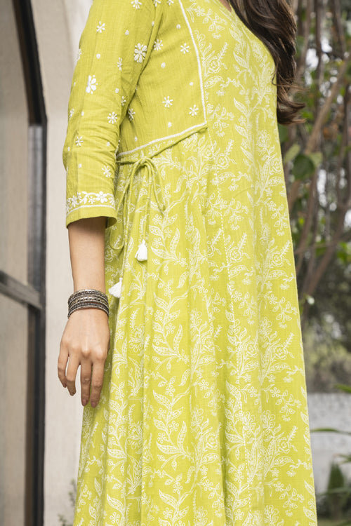 Rangsutra Suhani Lime Kalidar Cotton Kurta With Chikankari Hand Embroidery