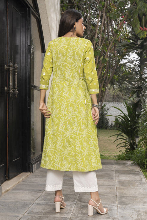 Rangsutra Suhani Lime Kalidar Cotton Kurta With Chikankari Hand Embroidery