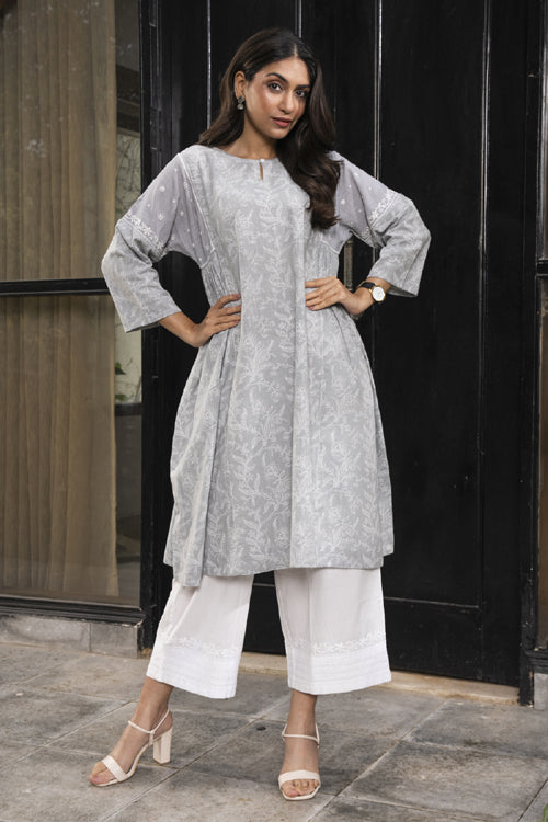Rangsutra Suhani Grey Flared Cotton Kurta Cum Dress With Chikankari Hand Embroidery