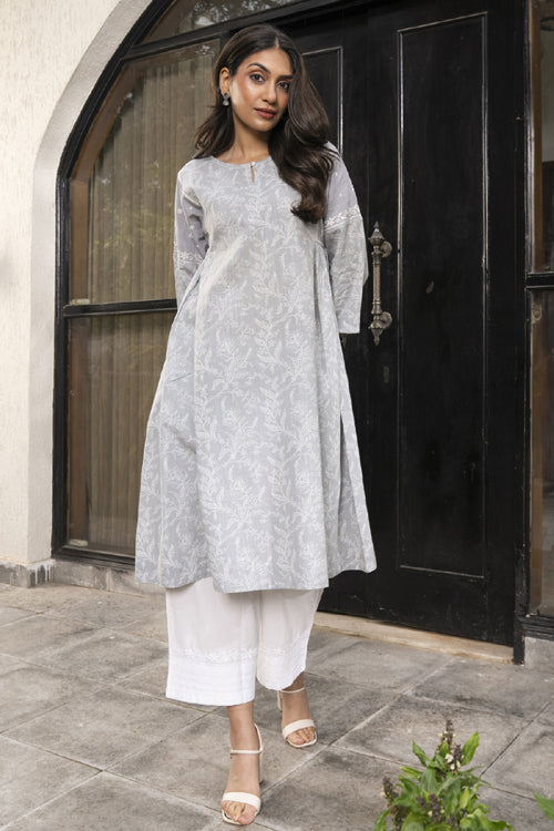 Rangsutra Suhani Grey Flared Cotton Kurta Cum Dress With Chikankari Hand Embroidery