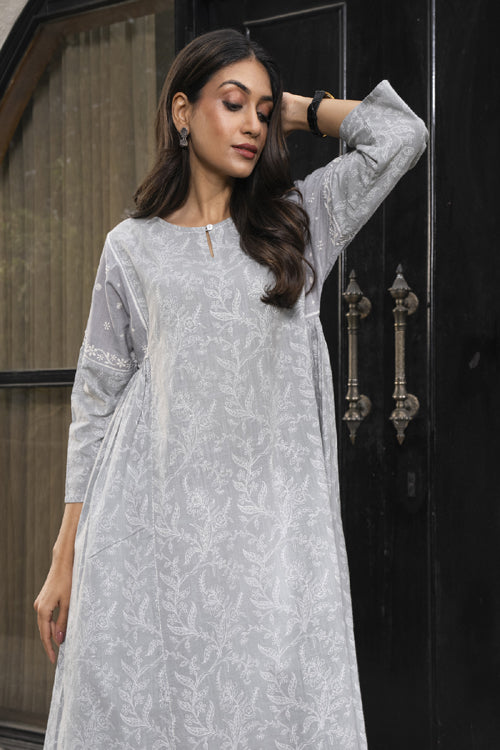 Rangsutra Suhani Grey Flared Cotton Kurta Cum Dress With Chikankari Hand Embroidery