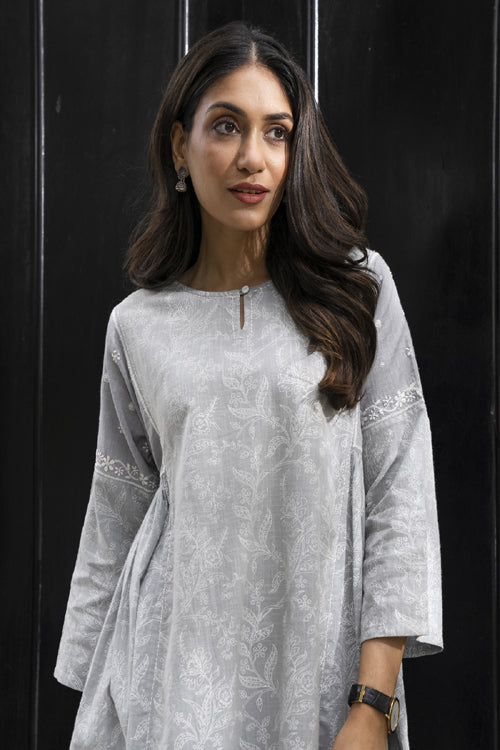 Rangsutra Suhani Grey Flared Cotton Kurta Cum Dress With Chikankari Hand Embroidery