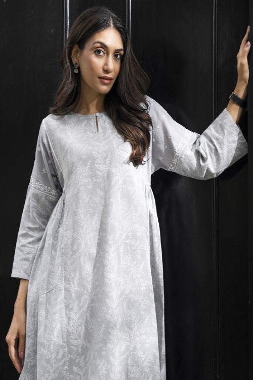 Rangsutra Suhani Grey Flared Cotton Kurta Cum Dress With Chikankari Hand Embroidery