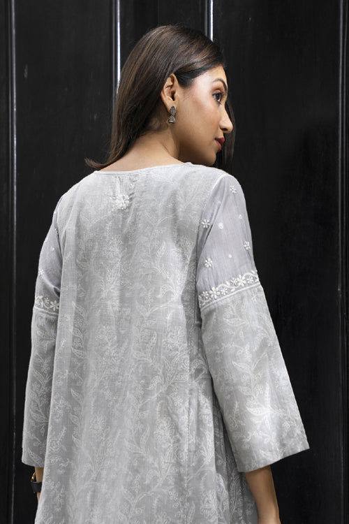 Rangsutra Suhani Grey Flared Cotton Kurta Cum Dress With Chikankari Hand Embroidery