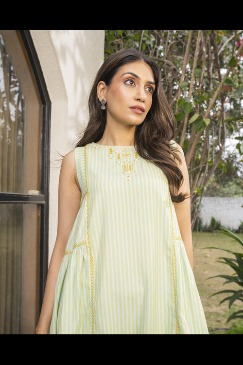 Rangsutra Suhani Mint Sleevless Cotton Dress With Soof Hand Embroidery