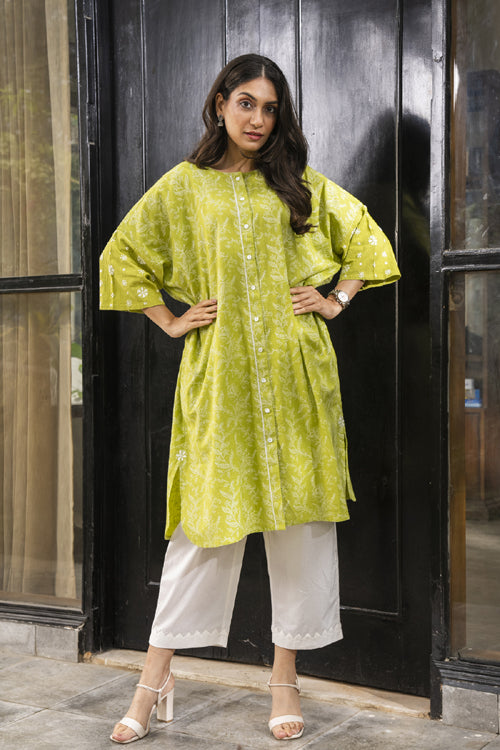 Rangsutra Suhani Lime Boxy-Fit Cotton Dress With Chikankari Hand Embroidery