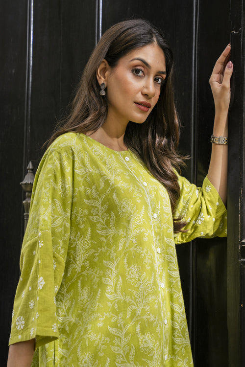 Rangsutra Suhani Lime Boxy-Fit Cotton Dress With Chikankari Hand Embroidery