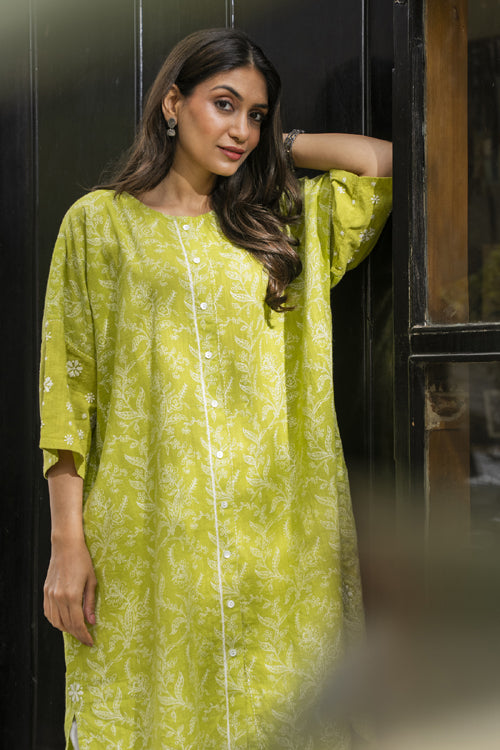 Rangsutra Suhani Lime Boxy-Fit Cotton Dress With Chikankari Hand Embroidery