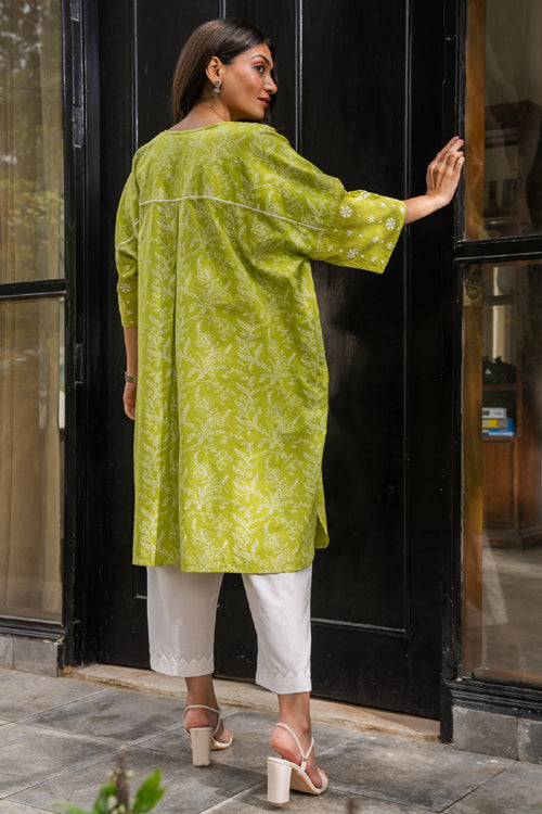 Rangsutra Suhani Lime Boxy-Fit Cotton Dress With Chikankari Hand Embroidery