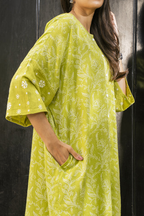 Rangsutra Suhani Lime Boxy-Fit Cotton Dress With Chikankari Hand Embroidery