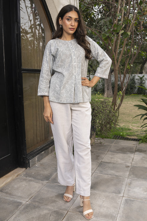 Rangsutra Suhani Grey Boxy Cotton Top With Chikankari Hand Embroidery