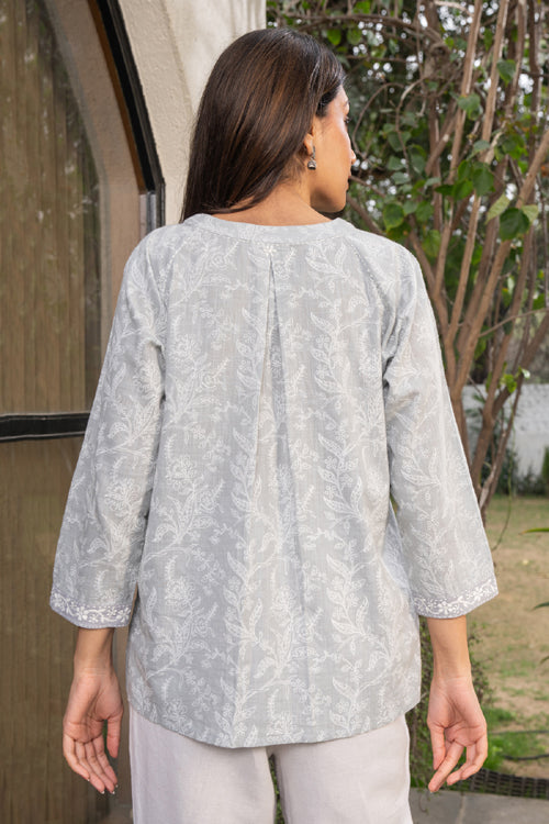 Rangsutra Suhani Grey Boxy Cotton Top With Chikankari Hand Embroidery