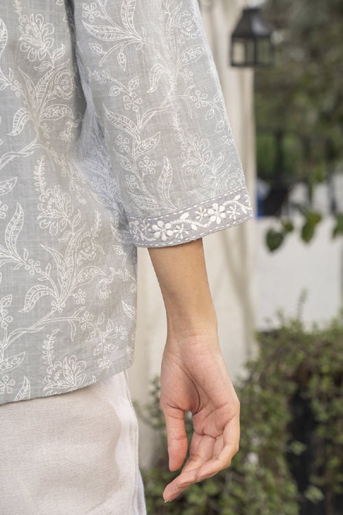 Rangsutra Suhani Grey Boxy Cotton Top With Chikankari Hand Embroidery