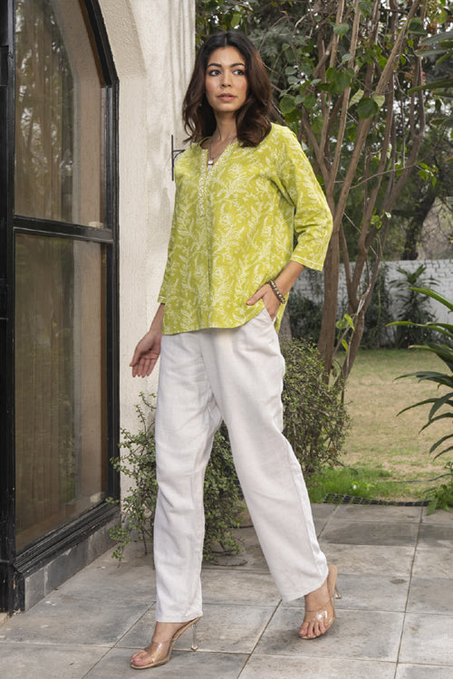 Rangsutra Suhani Lime Straight-Fit Cotton Top With Chikankari Hand Embroidery