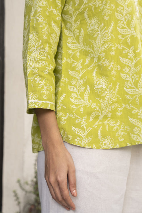 Rangsutra Suhani Lime Straight-Fit Cotton Top With Chikankari Hand Embroidery
