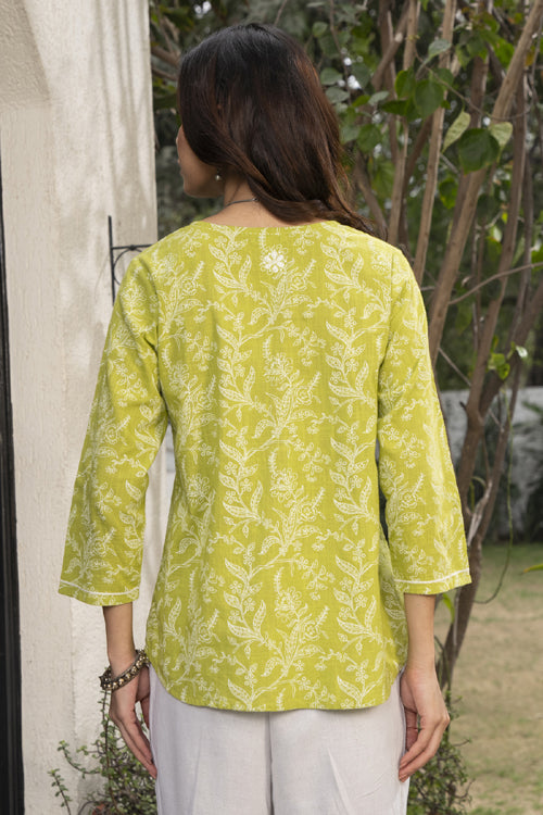 Rangsutra Suhani Lime Straight-Fit Cotton Top With Chikankari Hand Embroidery