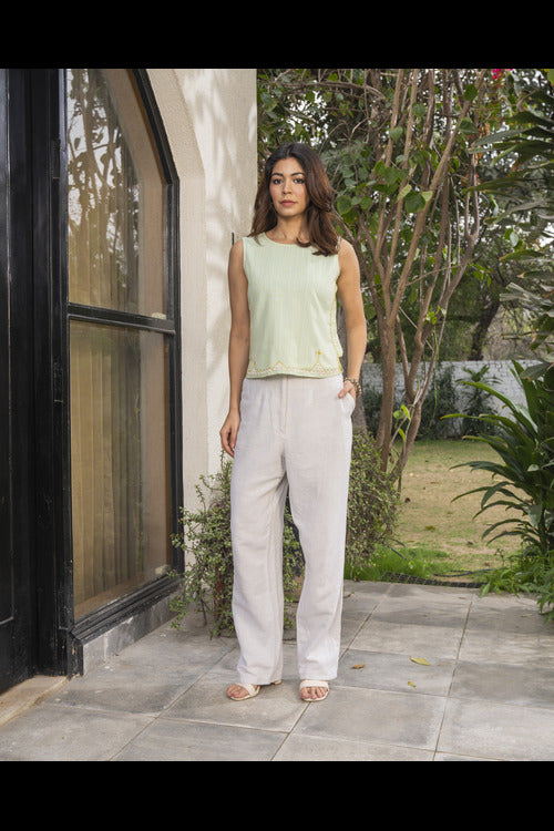 Rangsutra Suhani Mint Sleeveless Cotton Top With Soof Hand Embroidery