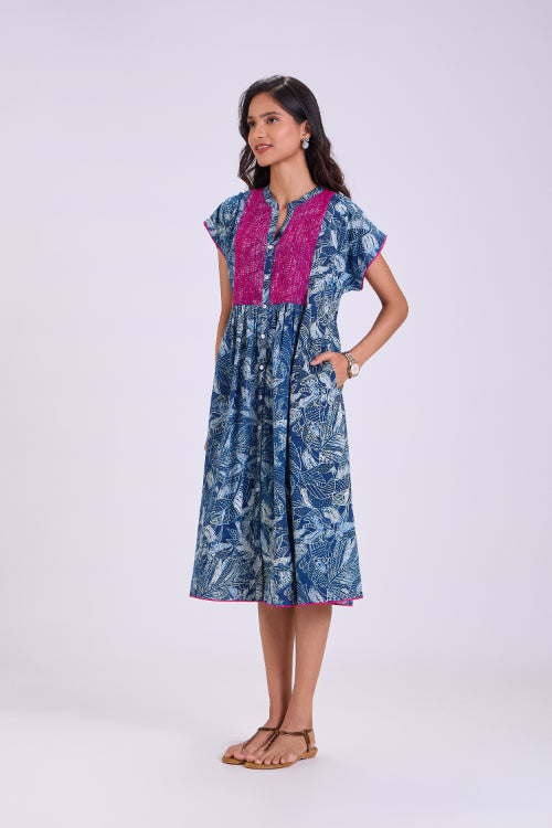 Rangsutra Chaaya Indigo Block Printed Dress With Cap Sleeves