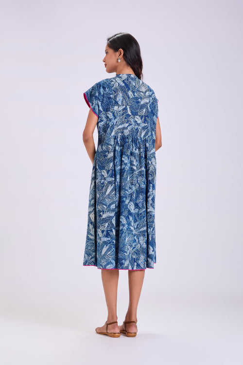 Rangsutra Chaaya Indigo Block Printed Dress With Cap Sleeves