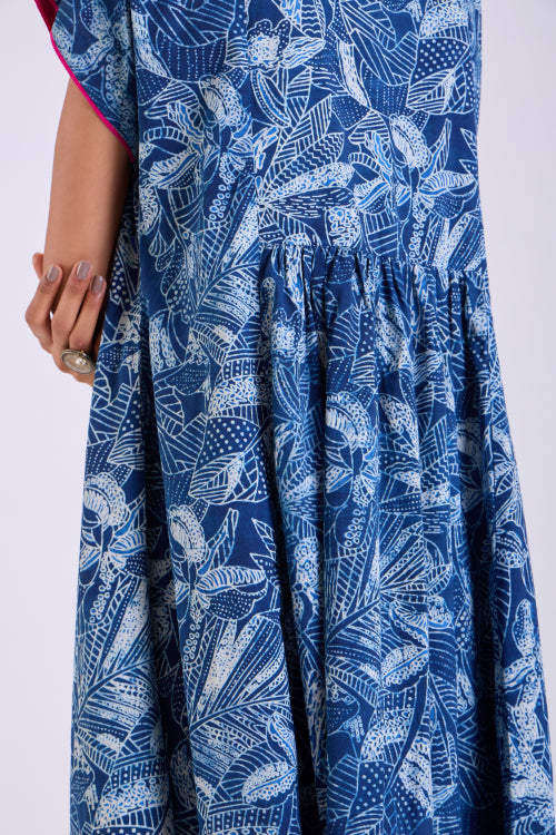 Rangsutra Chaaya Indigo Block Printed Dress With Cap Sleeves