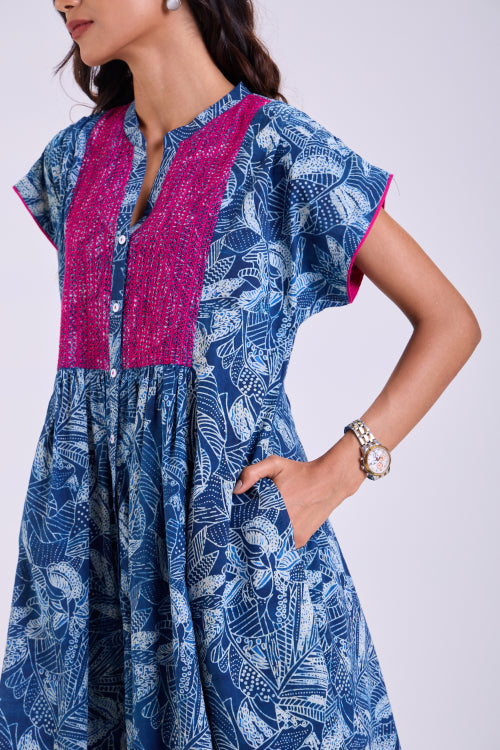 Rangsutra Chaaya Indigo Block Printed Dress With Cap Sleeves
