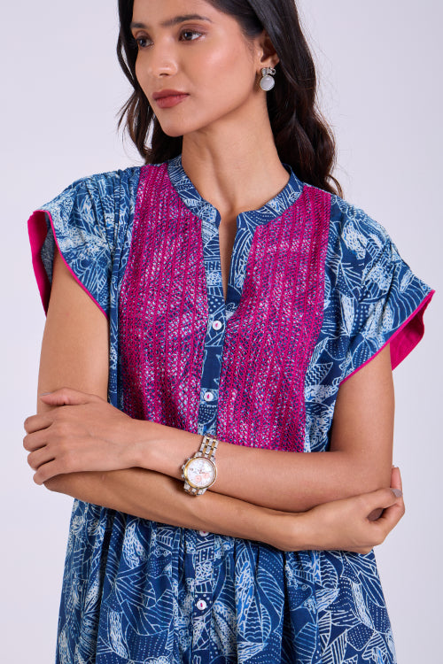Rangsutra Chaaya Indigo Block Printed Dress With Cap Sleeves