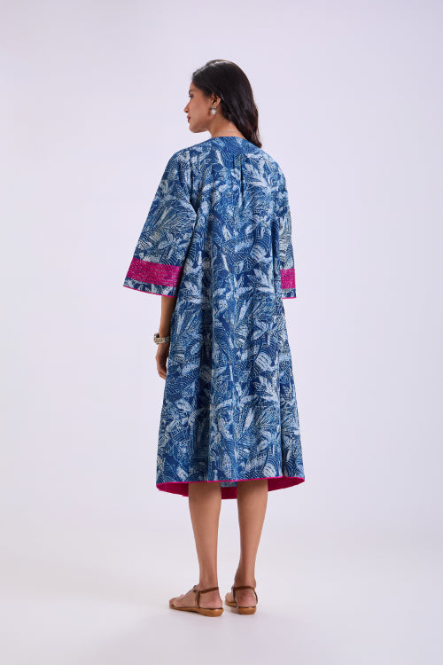 Rangsutra Chaaya Indigo Block Printed Dress With Flared Sleeves