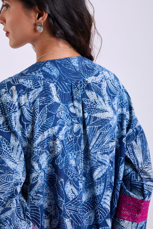 Rangsutra Chaaya Indigo Block Printed Dress With Flared Sleeves