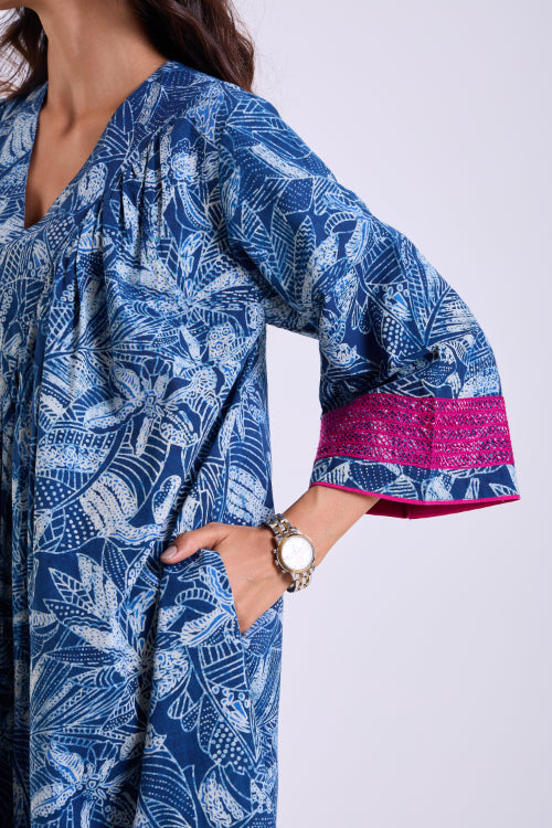 Rangsutra Chaaya Indigo Block Printed Dress With Flared Sleeves