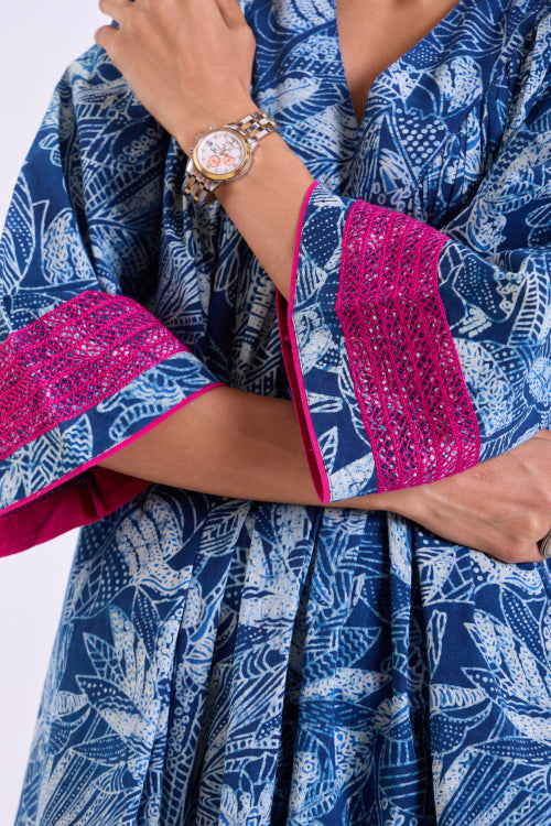 Rangsutra Chaaya Indigo Block Printed Dress With Flared Sleeves