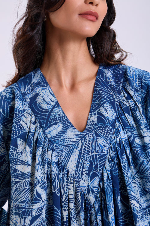 Rangsutra Chaaya Indigo Block Printed Dress With Flared Sleeves