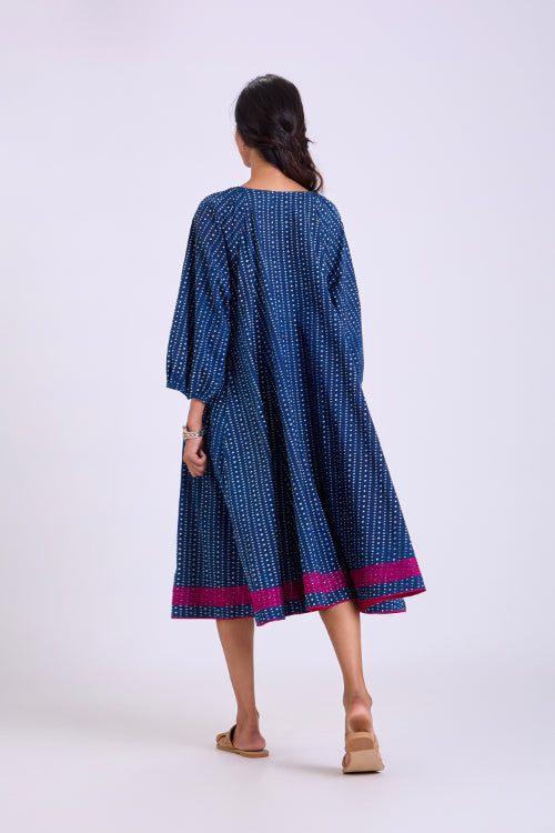 Rangsutra Chaaya Indigo Block Printed Dress With Raglan Sleeves