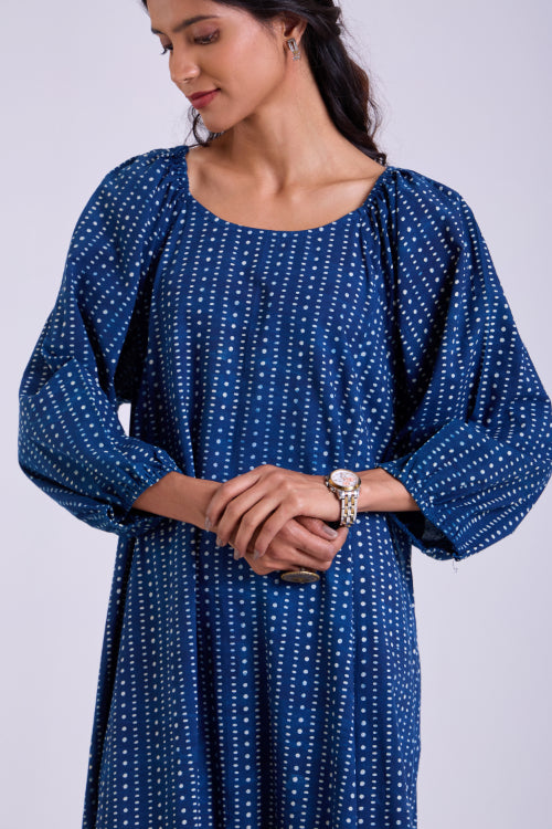 Rangsutra Chaaya Indigo Block Printed Dress With Raglan Sleeves