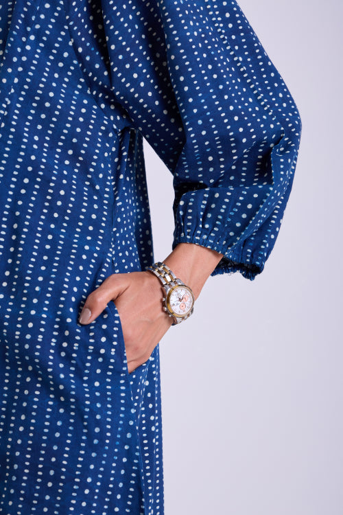 Rangsutra Chaaya Indigo Block Printed Dress With Raglan Sleeves