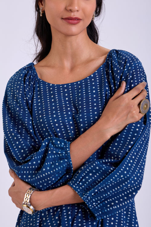 Rangsutra Chaaya Indigo Block Printed Dress With Raglan Sleeves