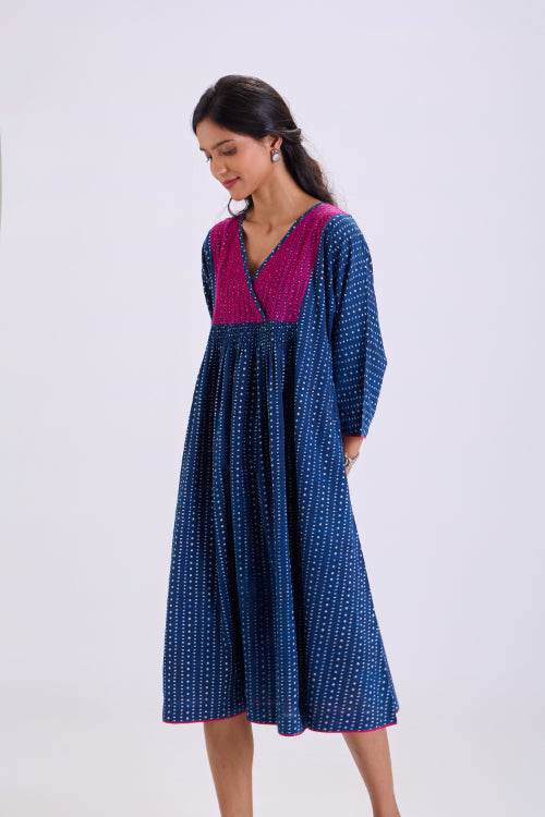 Rangsutra Chaaya Indigo Block Printed Dress With Kimono Sleeves