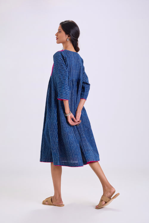 Rangsutra Chaaya Indigo Block Printed Dress With Kimono Sleeves