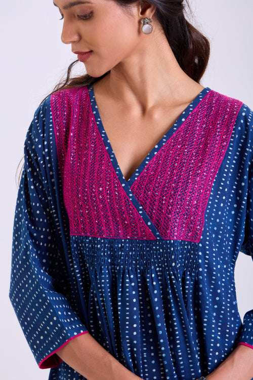 Rangsutra Chaaya Indigo Block Printed Dress With Kimono Sleeves