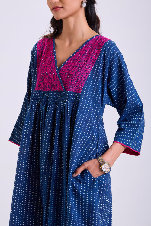 Rangsutra Chaaya Indigo Block Printed Dress With Kimono Sleeves
